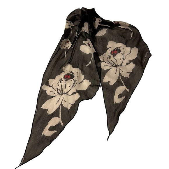 Ellen Tracy Scarf Silky Black Large White Roses Red Center Sheer 11 x 60 Angled - Picture 2 of 5